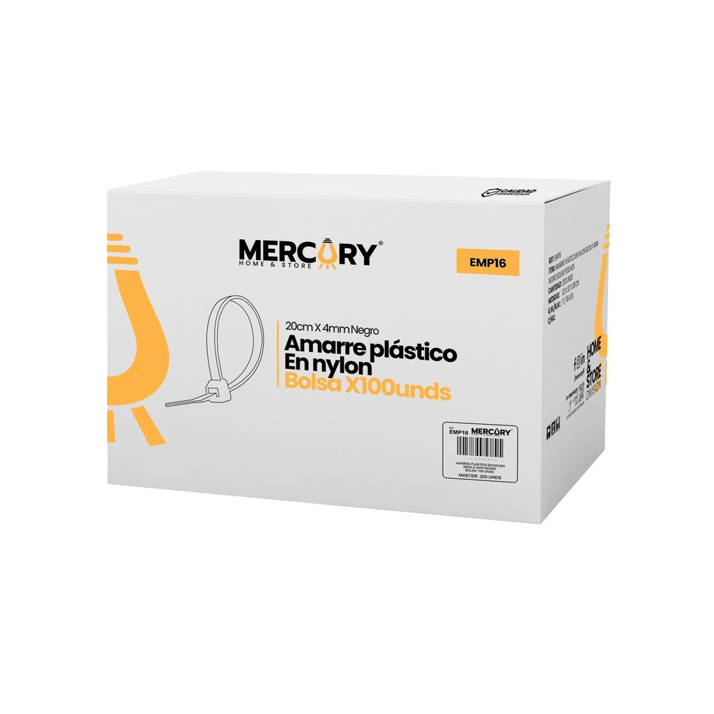 Correas de amarre en nylon 20cm x 4mm negro x unidad (hay bolsa de 100) Mercury Promax - emp16