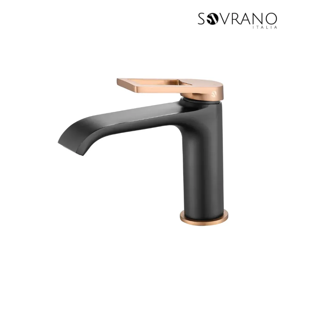 [SVR1001] Grifería Lavamanos Monocontrol Media Spacco Negro Mate + Oro Rosa Texturizado - SOVRANO SVR1001